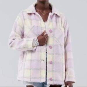 Hollister Purple Cream Pastel Brushed Plaid Wooly Shacket Button Up Jacket - L
